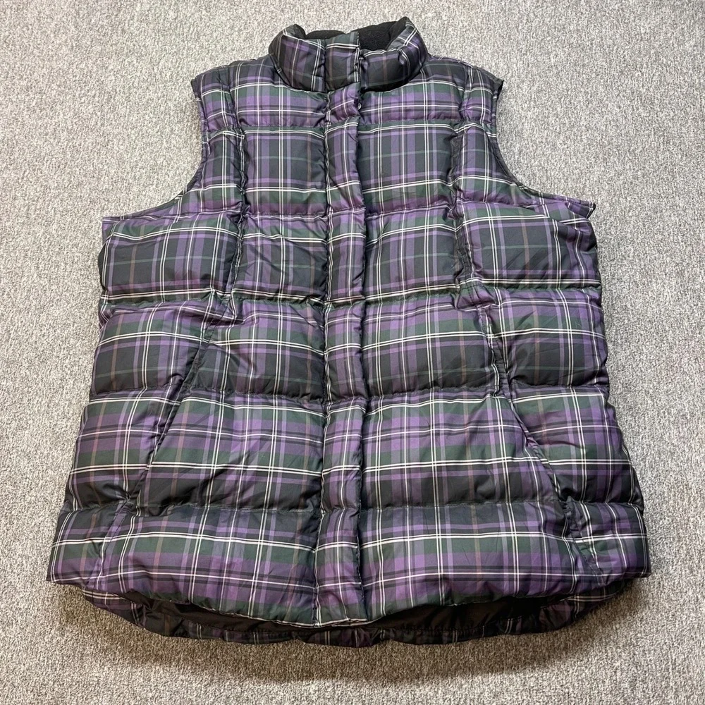 Eddie Bauer‎ Purple Plaid Goose Down Puffer Vest Womens Tall Large Quilted